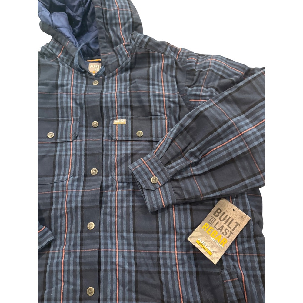 Ariat Rebar Womens 3XL Navy Blue Plaid Flannel Hooded Shacket Lined NWT‎
